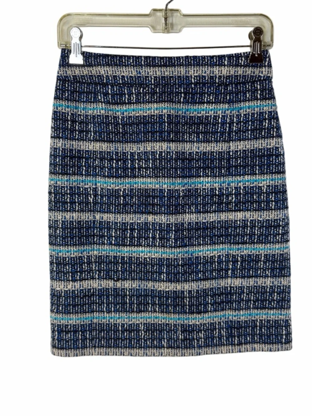 Tory Burch Navy and Cream Striped Knit Lined Pencil Skirt with Teal Accents Sz 0